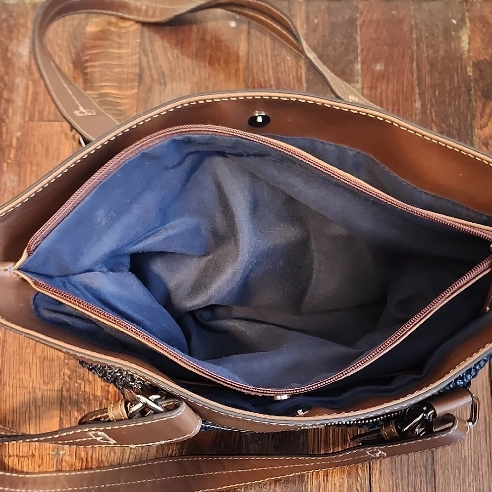 Chaps Navy Blue Woven Preppy Nautral Hippie Beach Shoulder Bag Classic Storage
